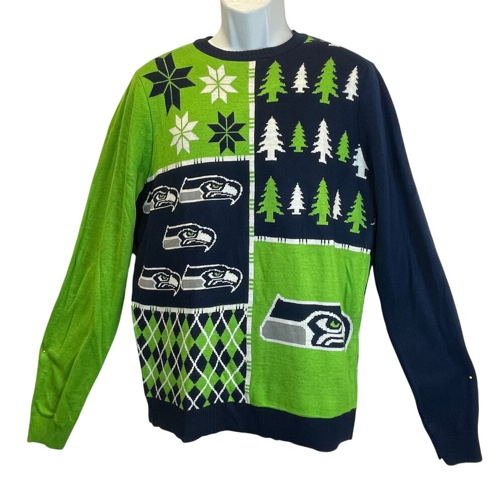 Klew Official NFL Seattle Seahawks Busy Blocks Ugly Christmas Sweater Sz Large